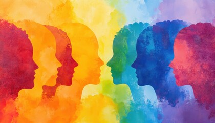 Naklejka premium Harmony of Diversity: Abstract Multicultural Head Silhouettes in Rainbow Colors Symbolizing Early Childhood Learning