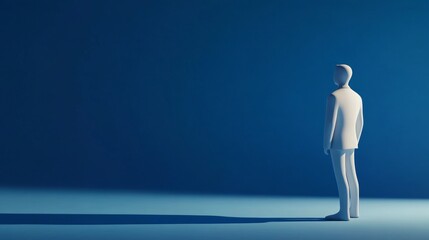 Fototapeta premium A solitary figure stands in a serene blue space, embodying contemplation and introspection in a minimalist setting.