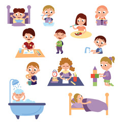 Daily routine for a child. Kids Taking Bath, Brushing Teeth and Washing Hands.