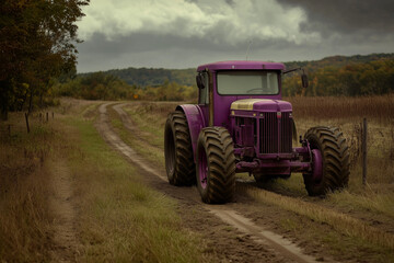 Farming Made Colorful: A Purple Tractor on a Dirt Track at the Farm