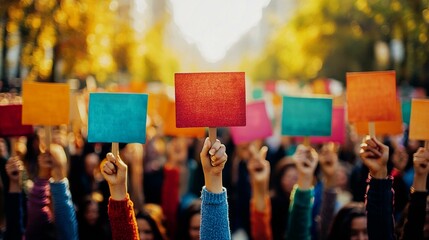 Human Rights Day diverse crowd of people holding hands and displaying signs promoting equality and justice