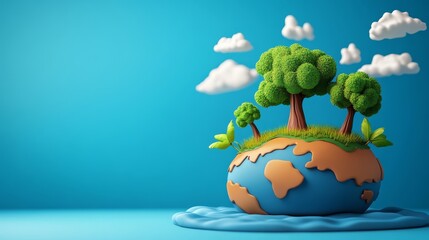 A vibrant illustration of a globe surrounded by trees and clouds, representing environmental sustainability and nature conservation.