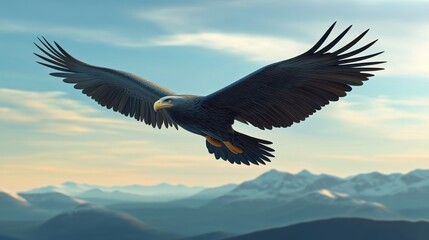Fototapeta premium An eagle soars majestically over a stunning mountain landscape, showcasing strength and freedom in nature's beauty.