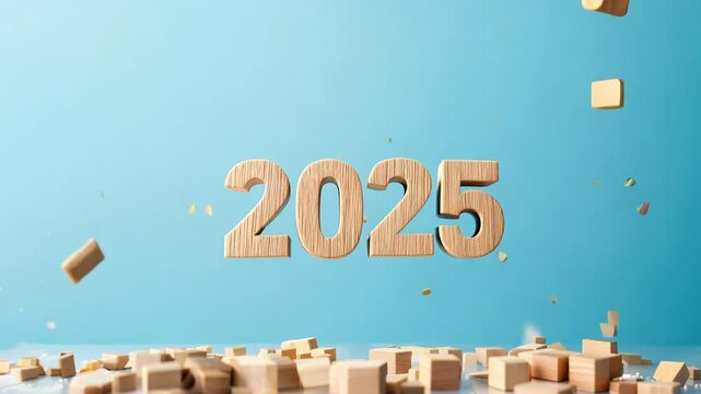 Wooden number blocks spelling out 2025 floating above scattered cubes, New Year concept on turquoise background, minimalist future date display with falling wooden elements
