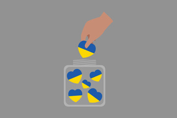 A hand put Ukraine hearts in a bowl, Flag of Ukraine, Flag Ukraine vector, Ukrainian flag symbol, The color of the original, Stock vector illustration
