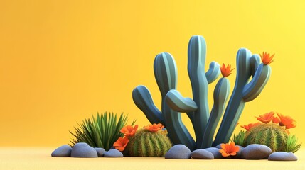Colorful cacti with vibrant flowers against a sunny yellow background, creating a cheerful and whimsical desert scene.