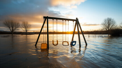 An abandoned playground with a submerged swing at sunset creates a surreal and eerie scene, conveying a sense of desolation, nostalgia, and the impact of nature.