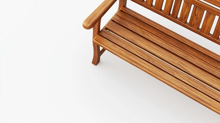 A close-up view of a wooden bench on a white background, emphasizing its design and texture.