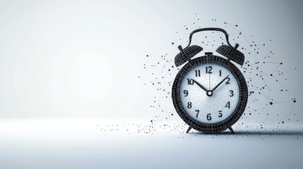 An isolated vector alarm clock on a white background, illustrated as an abstract polygonal vintage clock. This low poly wireframe design incorporates geometric lines, dots, and shapes, representing 