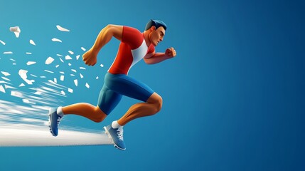 Obraz premium Energetic athlete sprinting with motion effects, symbolizing speed and determination in a vibrant blue background.