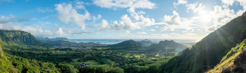 A Panoramic aerial image from the Pali Lookout on the island of Oahu in Hawaii.