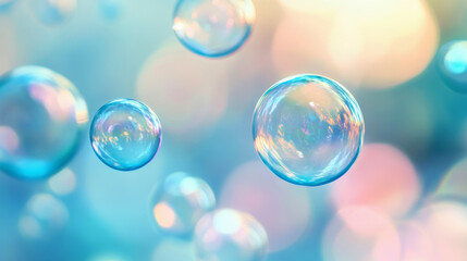 Soft blue background with floating transparent pure bubbles, creating a delicate and serene atmosphere. Cosmetic cleanser product texture