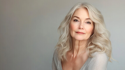 Naklejka premium Portrait of elegant elderly woman with long wavy blonde hair, smiling gently. Soft lighting and neutral background. Concept of aging gracefully and skincare