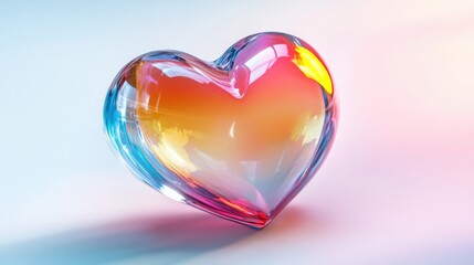 Iridescent heart shaped glass object with a smooth and glossy finish, on a pastel light background. Concept of love and elegance