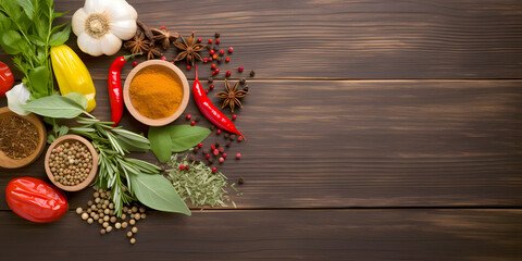 Realistic Photography of a Set of Indian Fresh Assorted Spices on a Rustic Wooden Table, Captivating Top View with Huge Copy Space for Text. Landscape Background with a Mix of Spices. Generative AI.