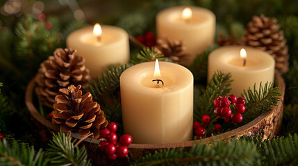 A close-up of a Christmas centerpiece featuring a collection of candles surrounded by fresh evergreen branches, pinecones, and red berries.