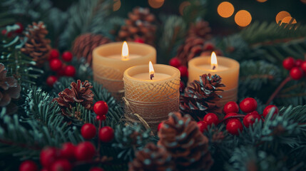 A close-up of a Christmas centerpiece featuring a collection of candles surrounded by fresh evergreen branches, pinecones, and red berries.