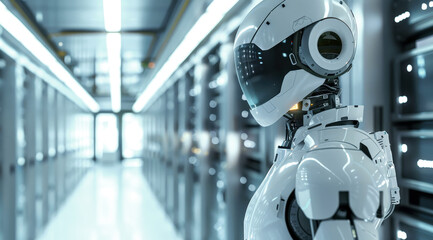 A futuristic robot in a high-tech data center, surrounded by illuminated server racks. Concept of advanced robotics and artificial intelligence technology