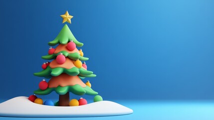 Colorful Christmas tree on snow with a blue background, perfect for holiday themed designs and festive celebrations.