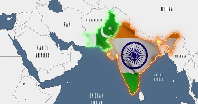Maps of India and Pakistan in the colors of national flags.
