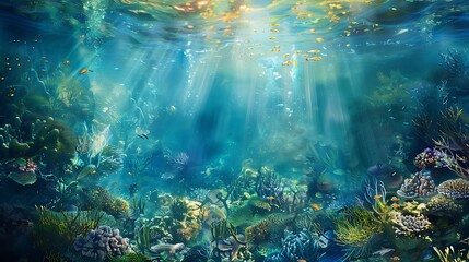 Obraz premium Vibrant underwater scene showcasing a flourishing coral reef teeming with colorful fish. Sunlight filters through the water, illuminating the intricate coral formations and creating a magical.