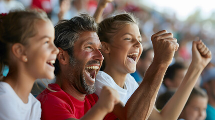 A family cheering at a sports event with excitement and enthusiasm.
