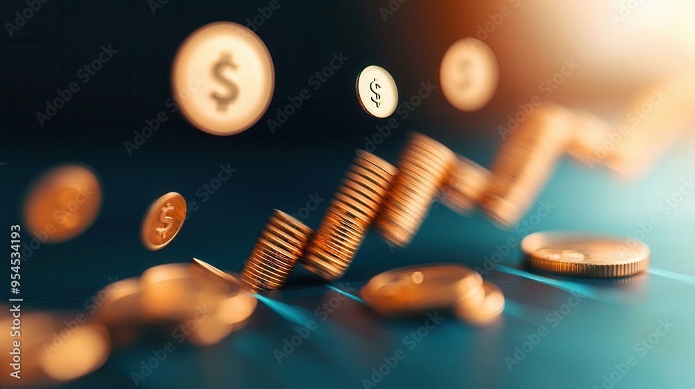 Sticker Golden Coins and Upward Trend Graphic.