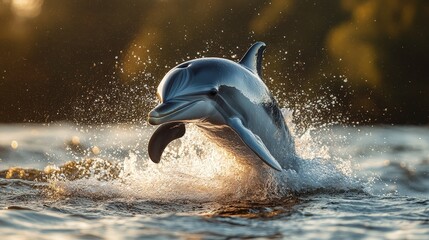 Obraz premium Dolphin Jumping Out Of Water At Sunset