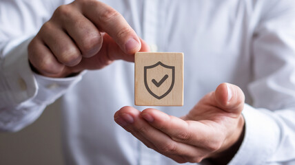 Person holding a wooden block with a security shield icon, concept of safety, protection, and security assurance.