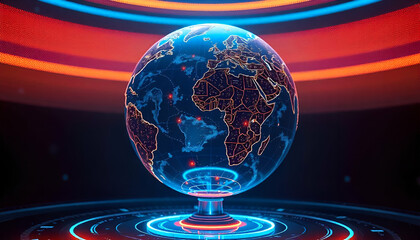 A holographic globe projection showing the world map, with orange and blue lighting effects,...