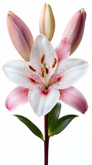 Fototapeta premium A single pink and white lily with buds isolated on white background.