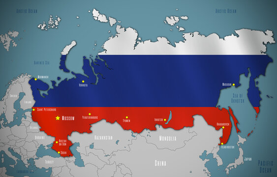 Map of Russia in the colors of national flag. Major cities are marked.