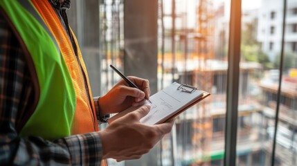Young male contractors, engineering holding, clipboards, looking at the paperwork on inspecting the reconstructed construction and renovation after checking defects of the apartment, site home.