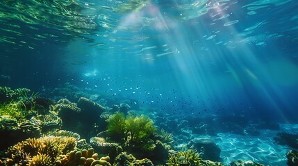 Fototapeta premium Underwater coral reef bathed in sunlight. The vibrant colors of the coral and the playful fish create a breathtaking scene.