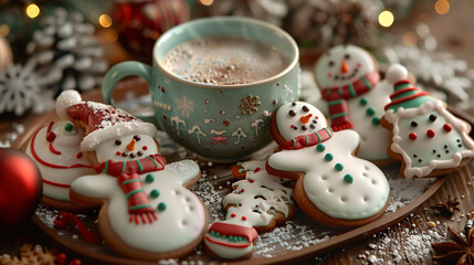 A festive scene with a hot cup of cocoa and a plate of Christmas cookies shaped like stockings, snowmen, and Christmas trees, set on a wooden table.