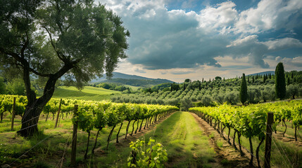 Naklejka premium A charming vineyard in the hills of Umbria Italy surrounded by olive trees.