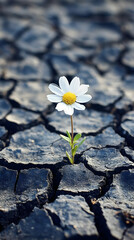 A single white daisy blooms in a crack of dry, cracked earth.