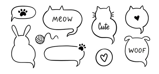 Cat dog pet frame, speech bubble cute set. Hand drawn sketch doodle line style animal pet frame design. Cat, dog paw cute talk speech bubble design. Puppy round footprint badge. Vector illustration. © Polina Tomtosova