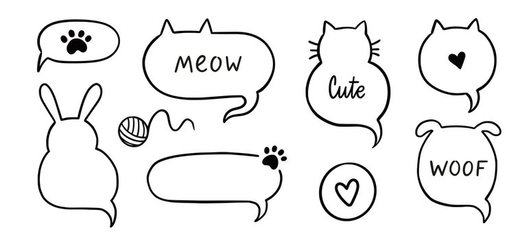 Cat dog pet frame, speech bubble cute set. Hand drawn sketch doodle line style animal pet frame design. Cat, dog paw cute talk speech bubble design. Puppy round footprint badge. Vector illustration.