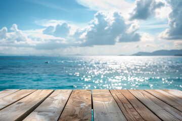 Obraz premium Perspective white pearl wooden table on top over blur sea in sunny day background. Beautiful sea and clouds in Thailand on summer, can be used mock up for montage products display or design layout.