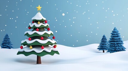 A vibrant Christmas tree adorned with ornaments stands in a winter landscape, surrounded by snow and blue trees under falling snowflakes.