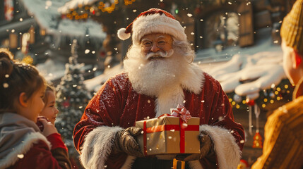 Santa Claus joyfully handing out gifts to a group of happy children, with a backdrop of a decorated Christmas village and snow-covered rooftops.