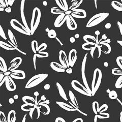 Flower brush seamless pattern. Floral abstract hand drawn brush paint background. Sketch hand drawn leaf floral paint seamless pattern. Chalkboard texture flower background. Vector illustration