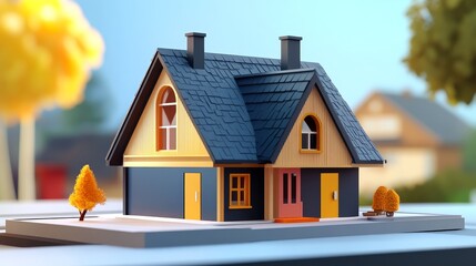 A vibrant miniature house model surrounded by colorful trees, perfect for real estate, design, or home decoration concepts.