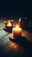 Close up view of a burning candle on a wooden floor in dim lit room