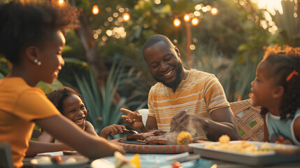 A family having a barbecue in their backyard with delicious food and happy conversations.