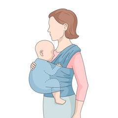Obraz premium mother carrying her baby using a soft wrap sling carrier, providing hands-free support and bonding hand drawn schematic raster illustration. Medical science educational illustration