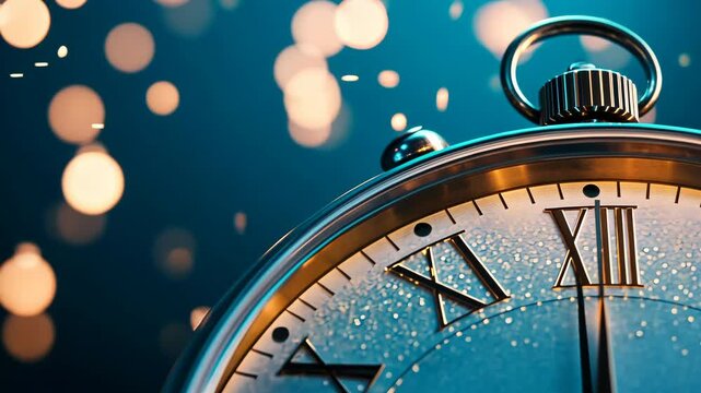 Vintage pocket watch face showing midnight approaching, New Year's Eve countdown with golden bokeh lights, close-up of antique timepiece marking festive moment