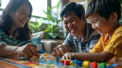 Fototapeta premium A family playing a board game in their living room laughing and having fun.