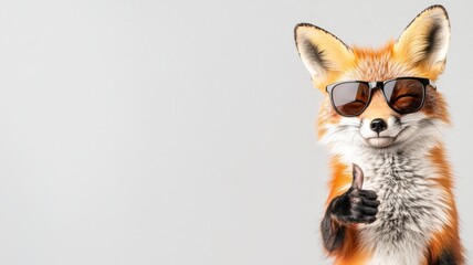 A confident fox wearing sunglasses gives a thumbs up, showcasing a playful and stylish personality against a simple background.